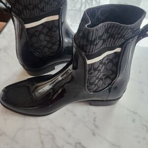 Coach Black Patent Chelsea Rain Boots with Patterned Knit Cuff